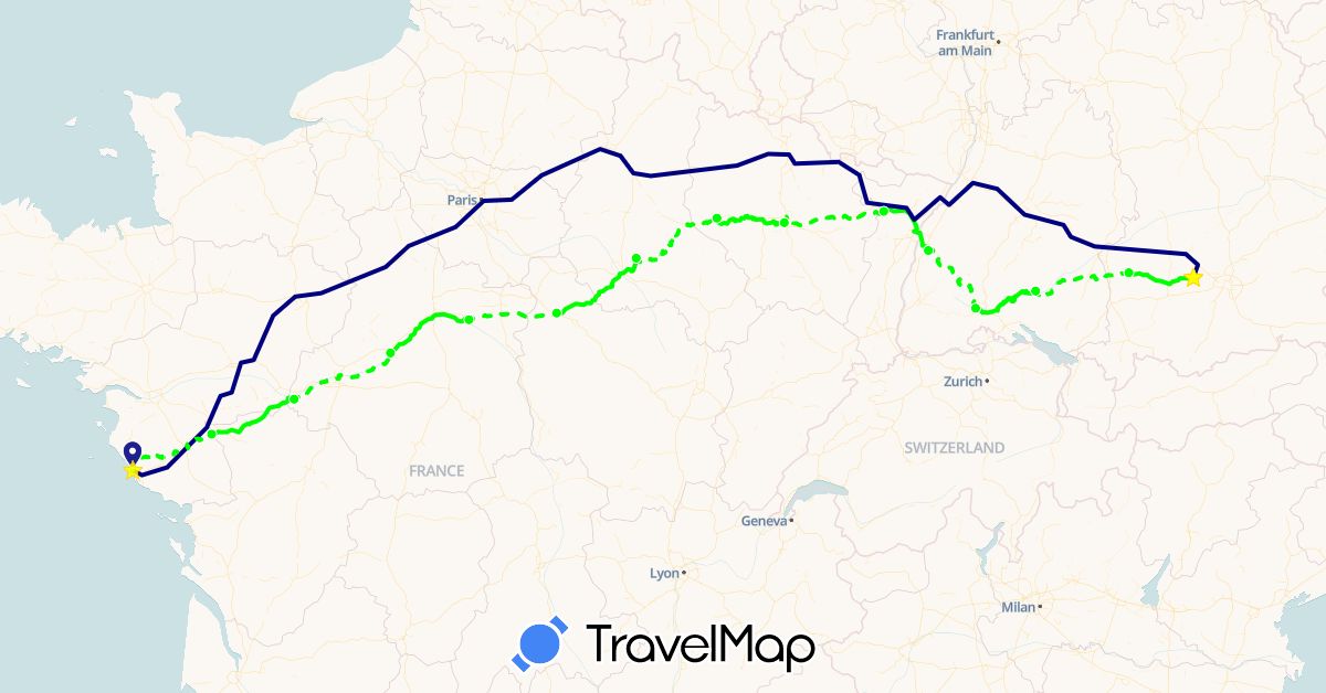 TravelMap itinerary: driving, fait / tatsache in Germany, France (Europe)
